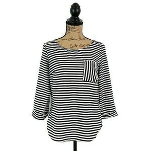 41 Hawthorne Womens sz S Top Black White Stripe Tab Sleeve Pocket Scoop Neck